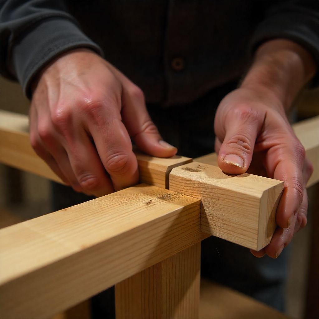 Möbelsnickare arbetar noggrant med en träfog